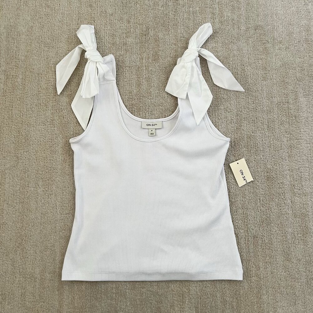 2/$25 FLASH SALE - ON 34th White Ribbed Tie-Shoulder Tank Top